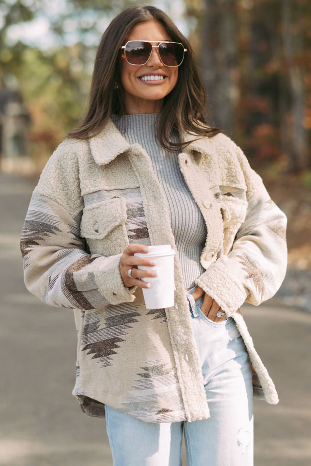Khaki Western Aztec Print Sherpa Splicing Buttoned Flap Pocket Coat-Chaelisa's New Jammies