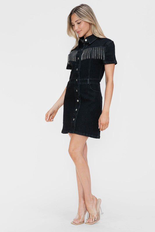 bytos Full Size Embellished Button Down Short Sleeve Denim Dress-Chaelisa's New Jammies