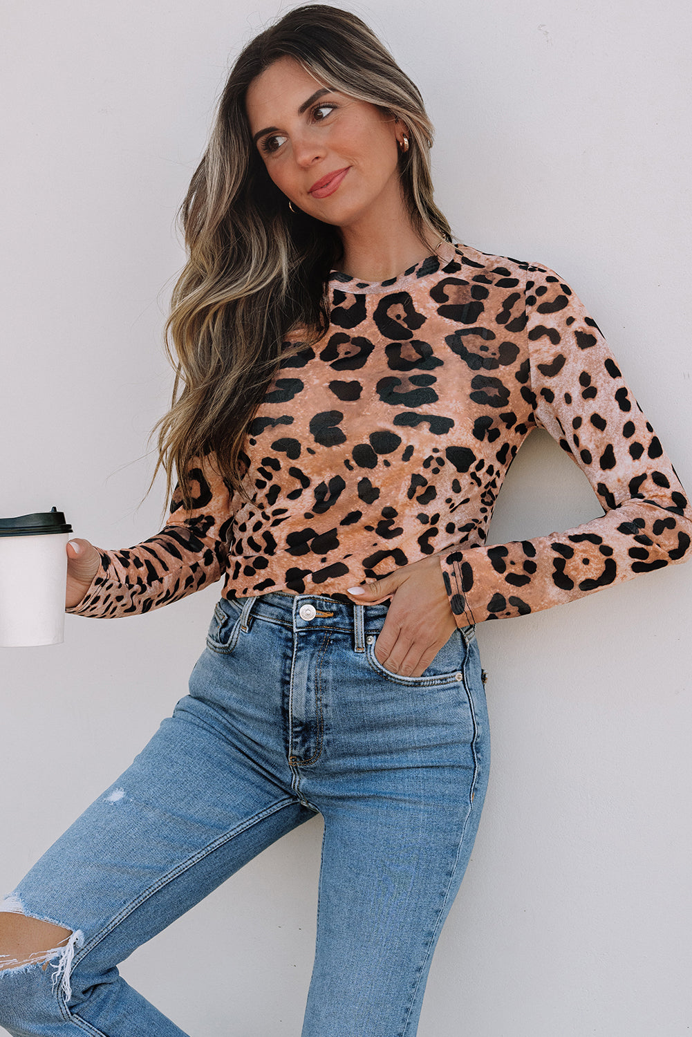 Brown Leopard Round Neck Long Sleeve Slim Top-Chaelisa's New Jammies