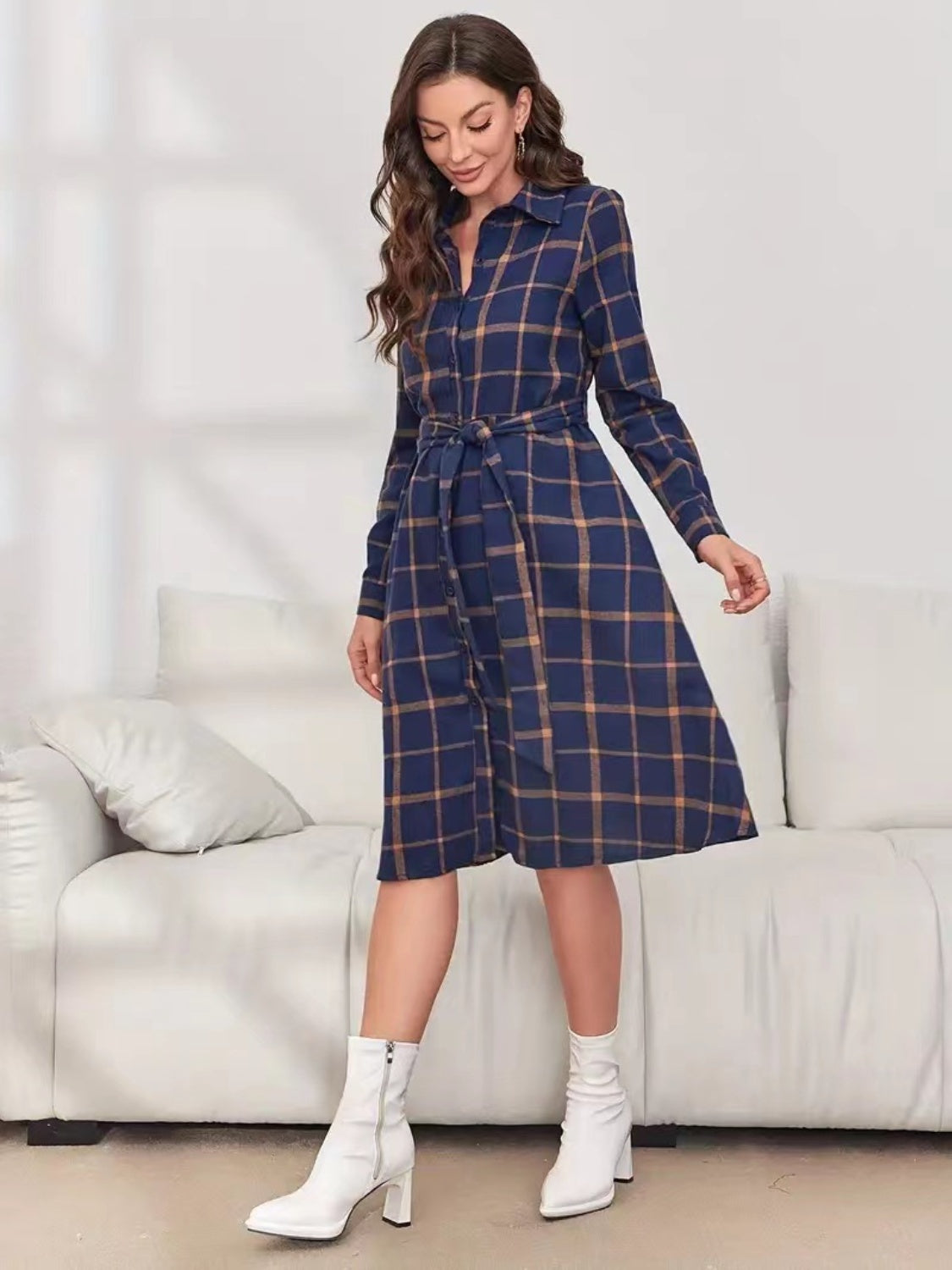 Plaid Tie Waist Long Sleeve Dress-Chaelisa's New Jammies