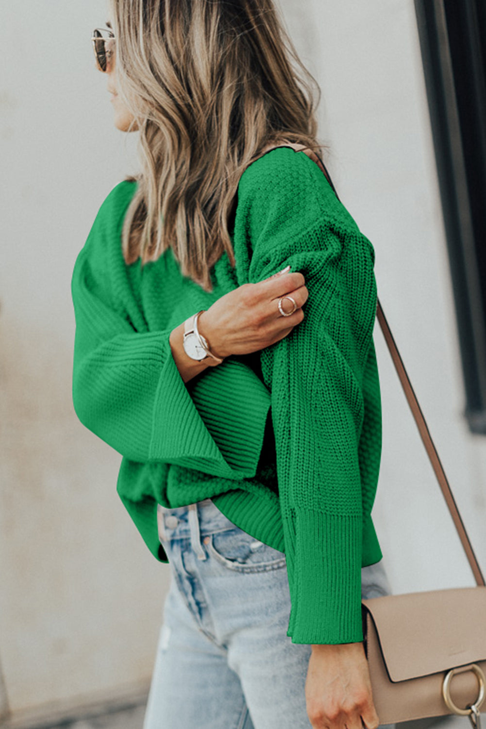 Parchment Solid Textured Knit Split Cuff Drop Shoulder Sweater-Chaelisa's New Jammies