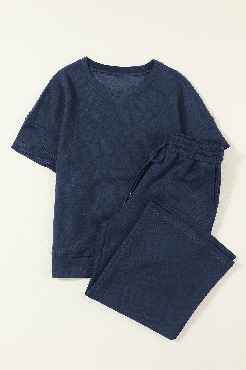 Navy Blue Textured Loose Fit T Shirt and Drawstring Pants Set-Chaelisa's New Jammies