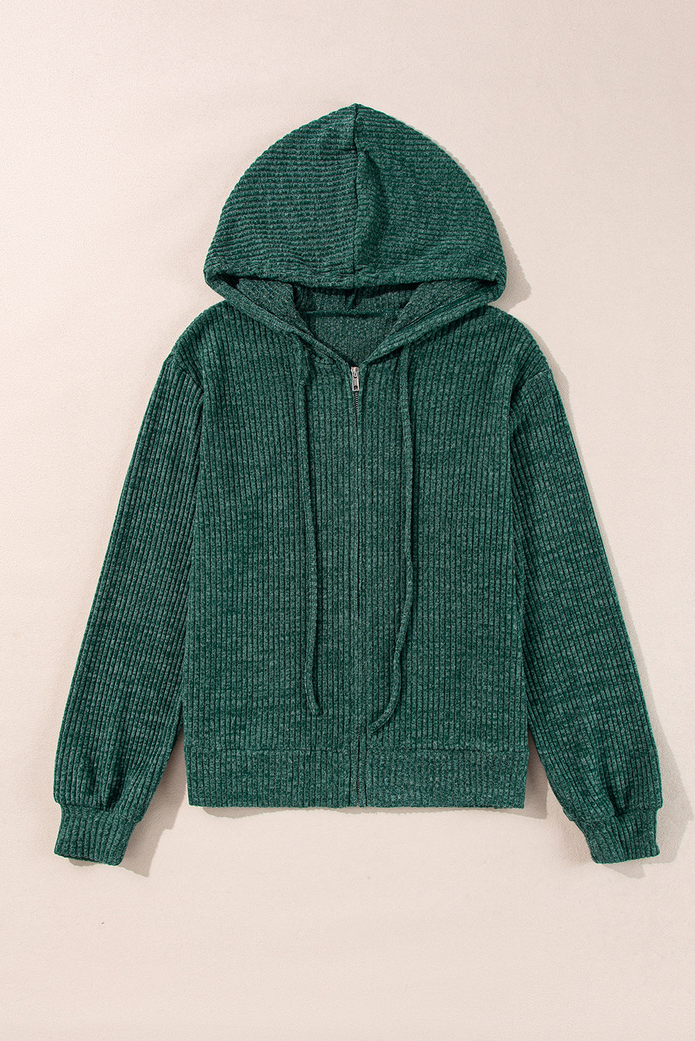 Evergreen Ribbed Zip Up Front Drawstring Hoodie-Chaelisa's New Jammies