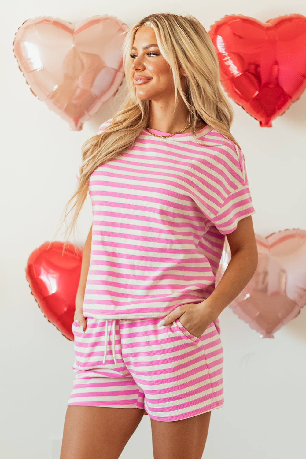 Rose Stripe Crew Neck T Shirt and Drawstring Shorts Set-Chaelisa's New Jammies