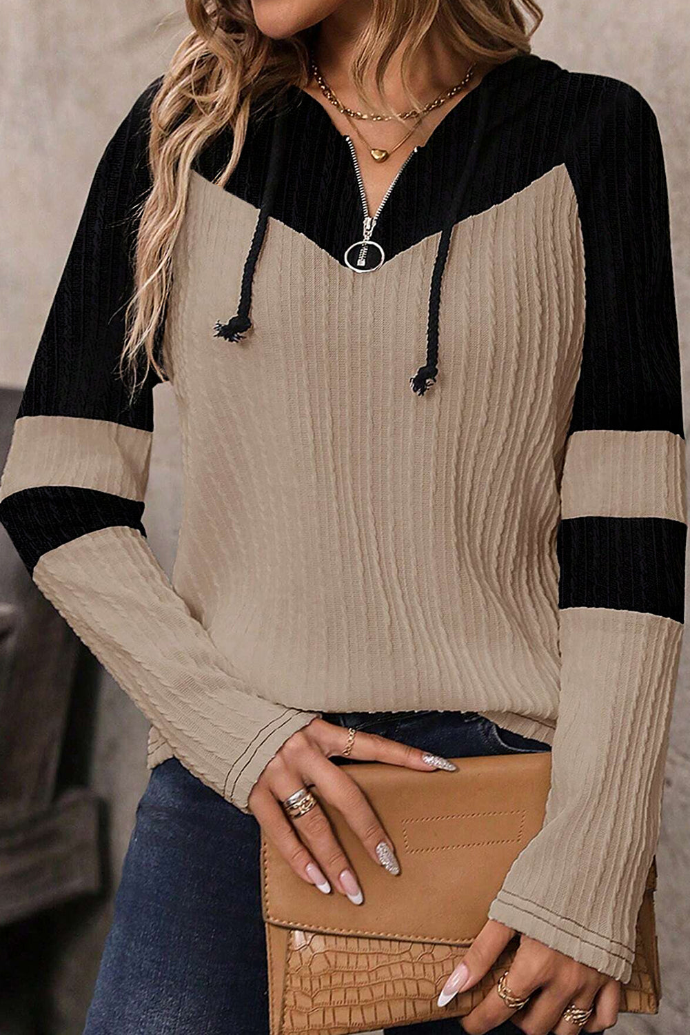 Parchment Textured Colorblock Long Sleeve Quarter Zip Drawstring Hooded Top-Chaelisa's New Jammies