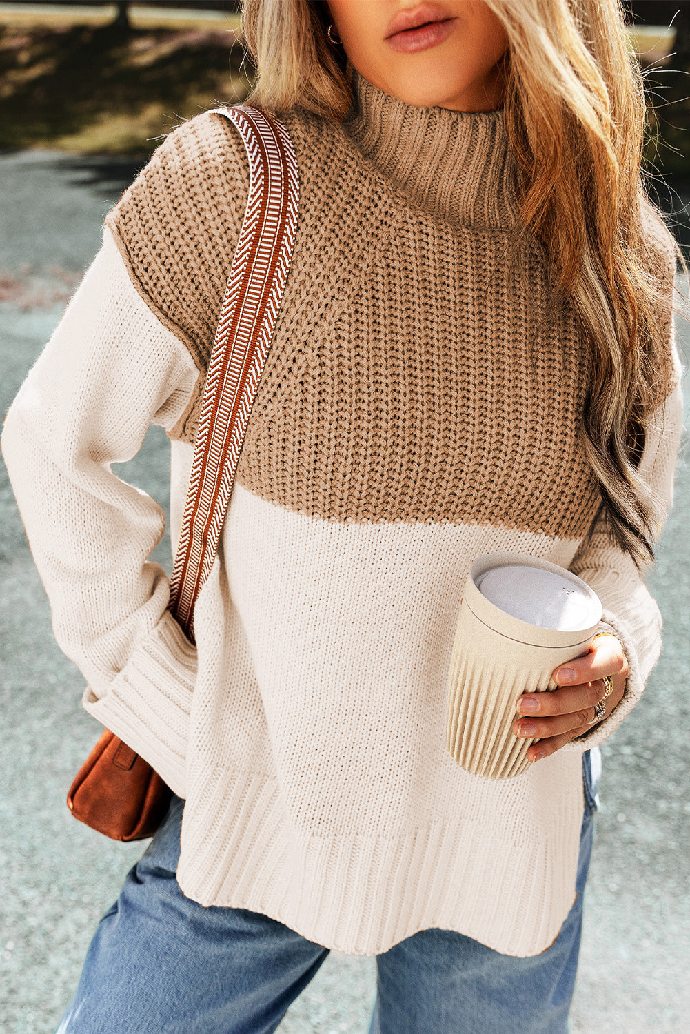 Parchment Cable Knit Color Block Side Splits High Neck Sweater-Chaelisa's New Jammies