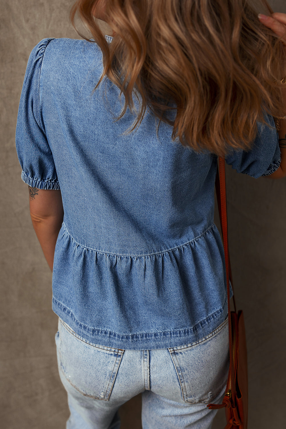 Dusk Blue Tied Front Bubble Sleeve Peplum Denim Shirt-Chaelisa's New Jammies