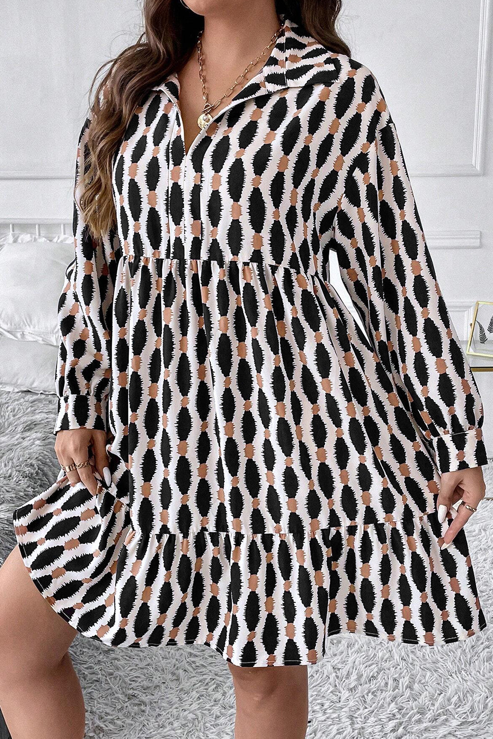 Apricot Abstract Print Collared V Neck Plus Size Mini Dress-Chaelisa's New Jammies