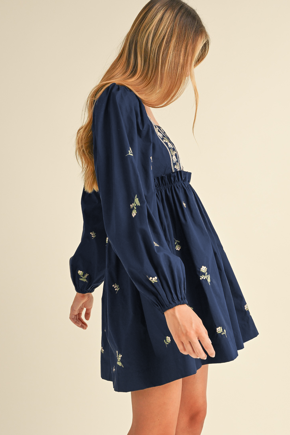 Blue Floral Embroidered Square Neck Puff Sleeve Ruffled Mini Dress-Chaelisa's New Jammies