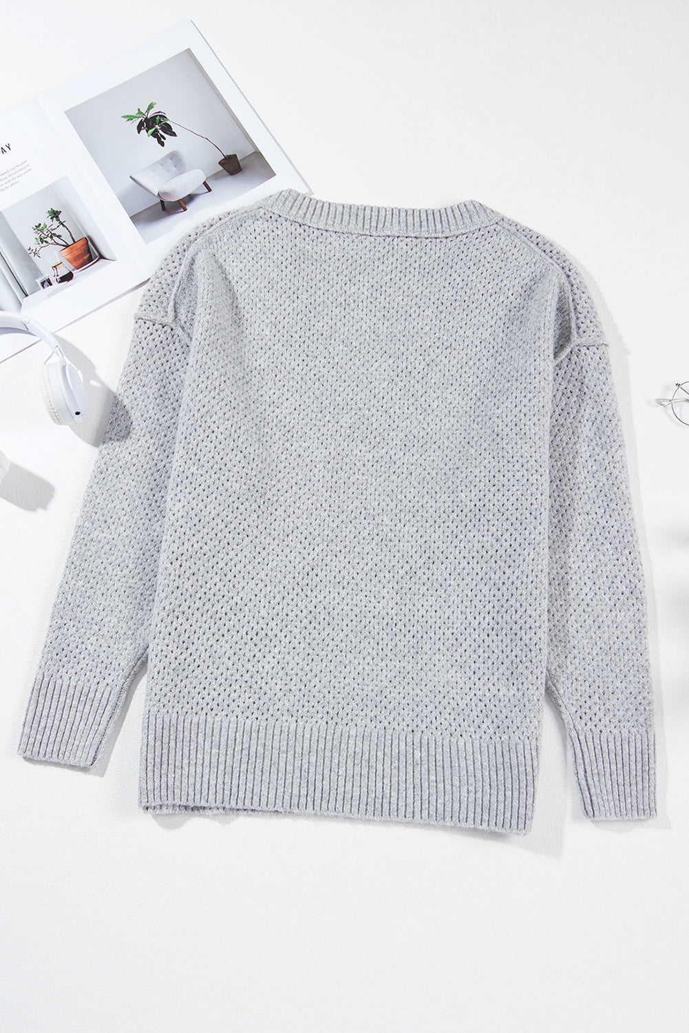 Light Grey Loose Eyelet V Neck Drop Shoulder Sweater-Chaelisa's New Jammies