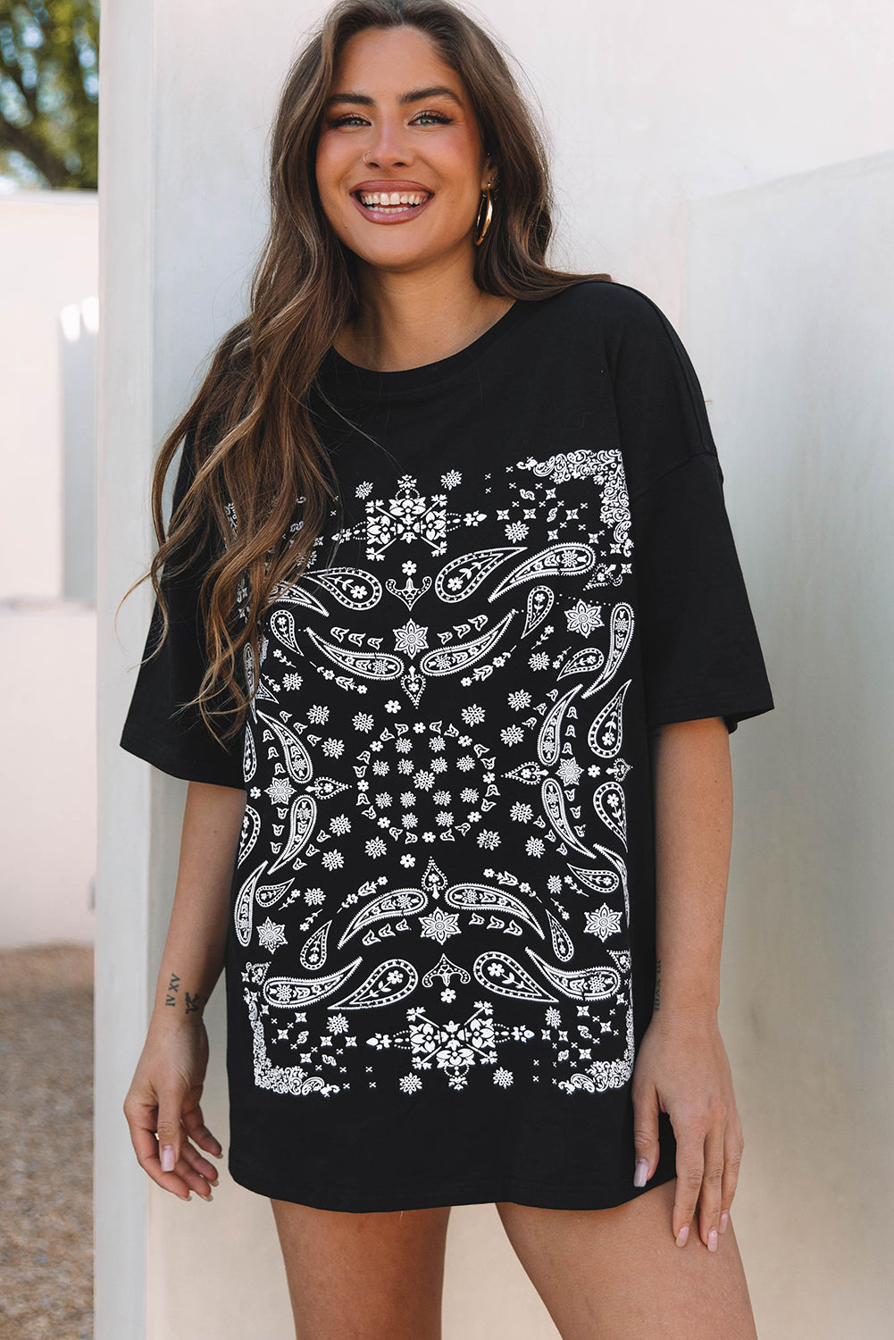 Black Paisley Print Crew Neck Loose Fit Tunic Tee-Chaelisa's New Jammies