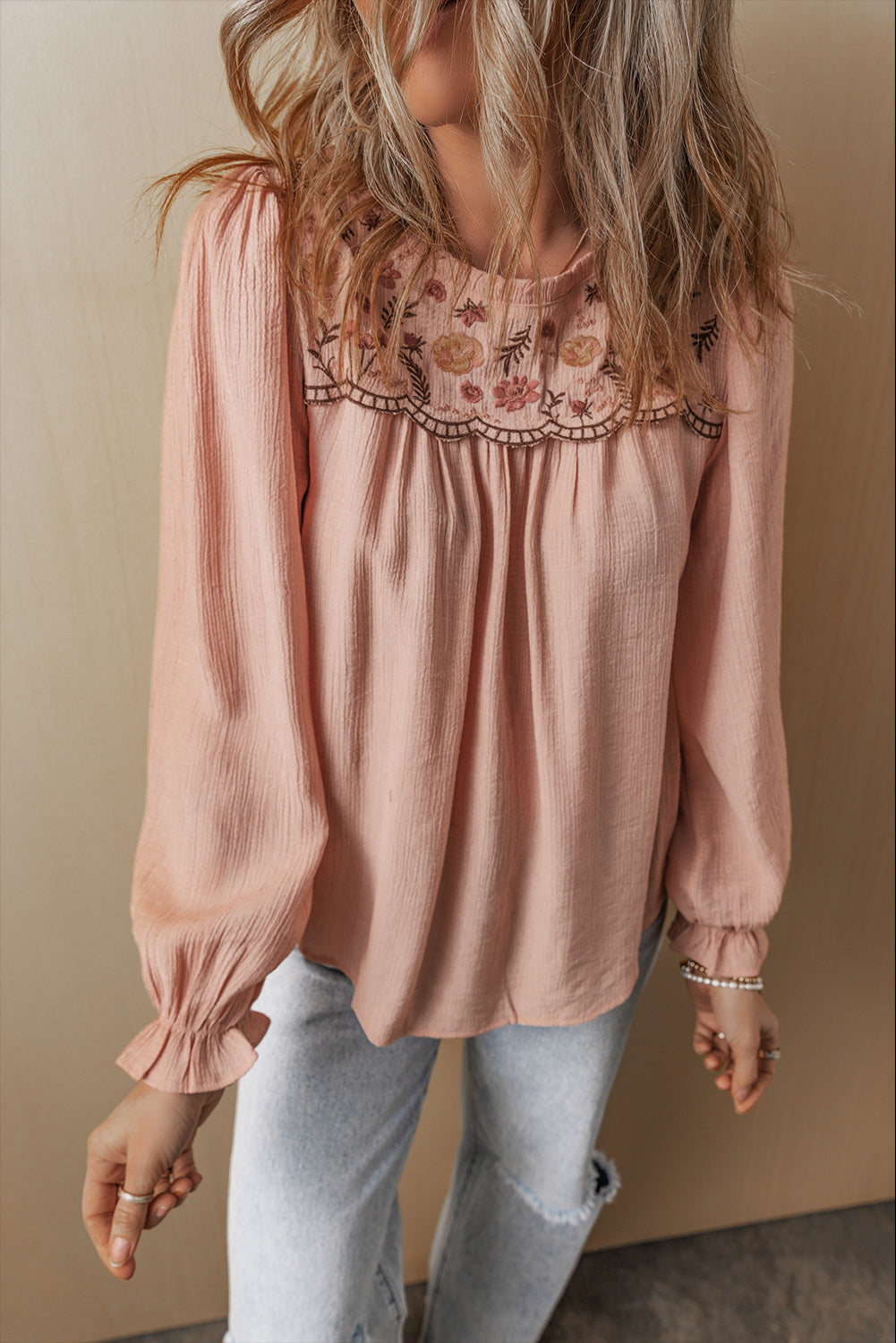 Gossamer Pink Floral Embroidered Textured Flounce Sleeve Elegant Blouse-Chaelisa's New Jammies