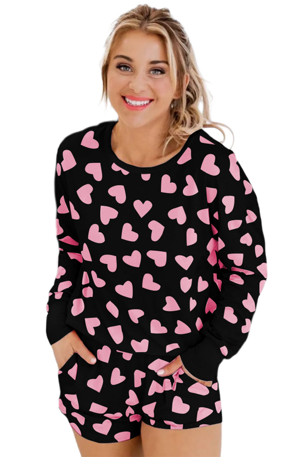 Pink Heart Print Long Sleeve Top and Shorts Loungewear Set-Chaelisa's New Jammies