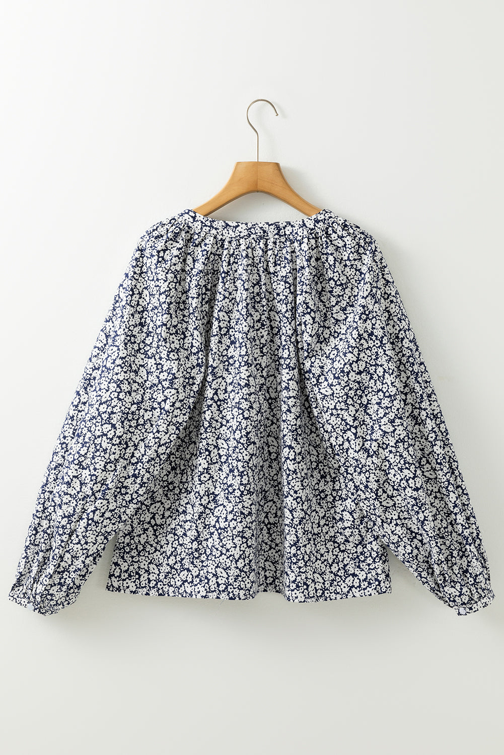 Blue Floral Print Notched V Neck Puff Sleeve Blouse-Chaelisa's New Jammies