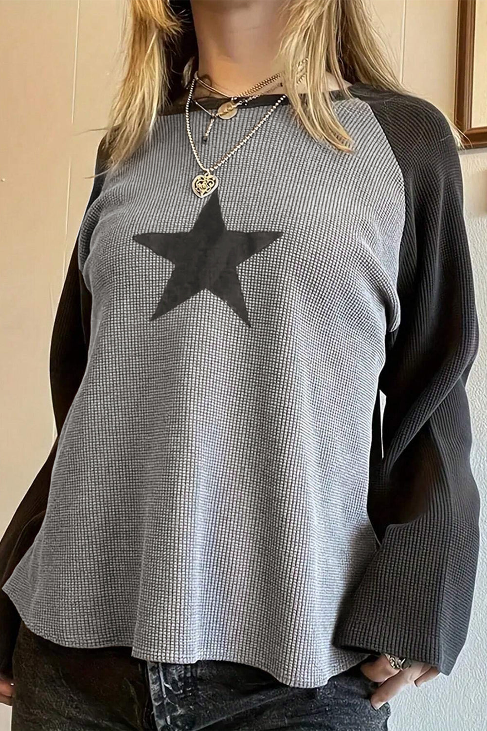 High Waffle Knit Colorblock Star Patch Graphic Raglan Top-Chaelisa's New Jammies