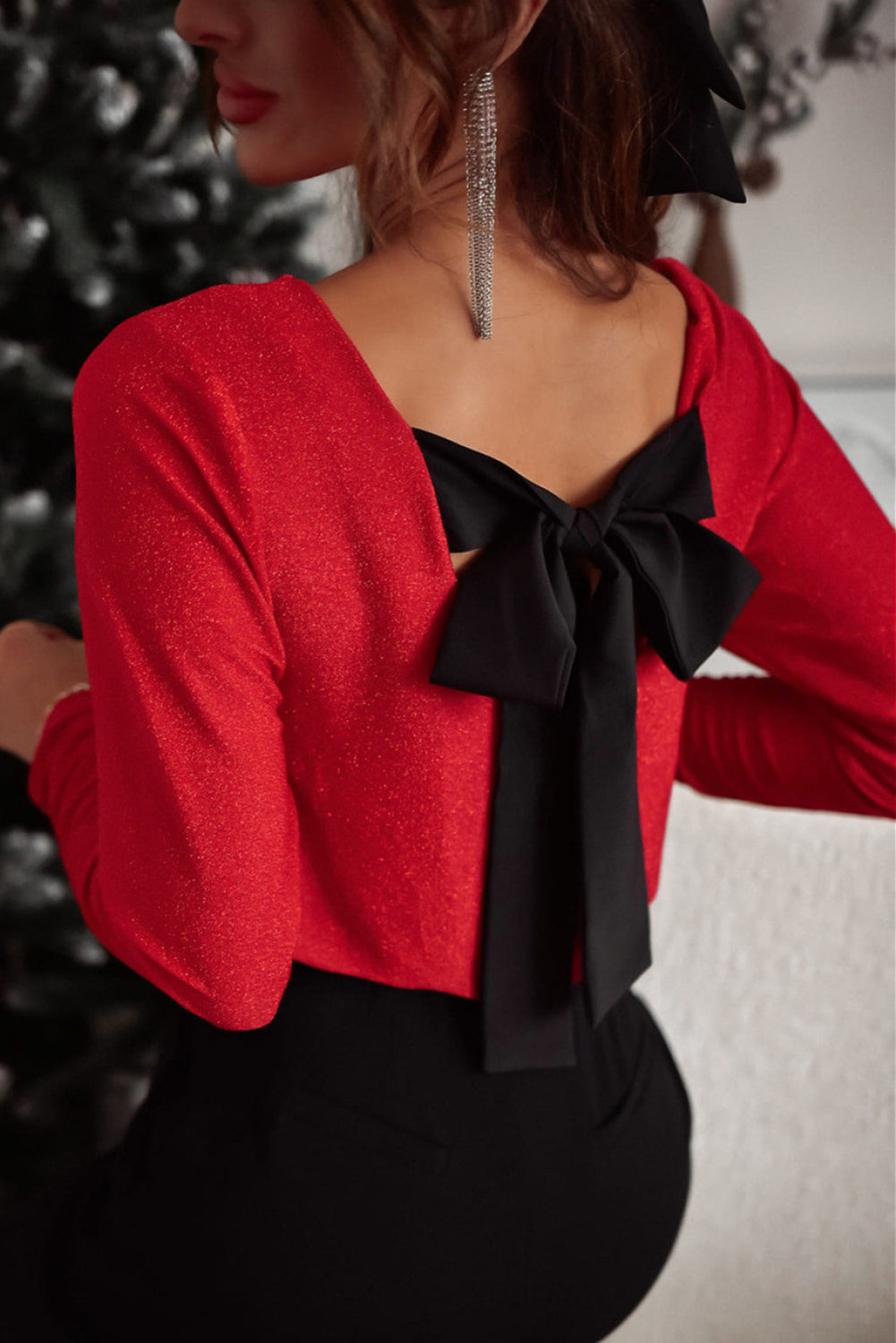 Racing Red Metallic Bowknot Open Back V Neck Top-Chaelisa's New Jammies