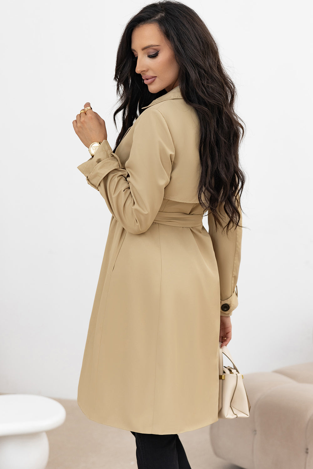 Pale Khaki Solid Color Lapel Collar Waist Tie Wind Coat-Chaelisa's New Jammies