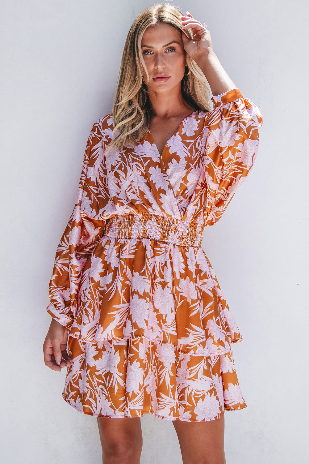 Brown Floral Puff Sleeve Smocked Waist Layered Dress-Chaelisa's New Jammies