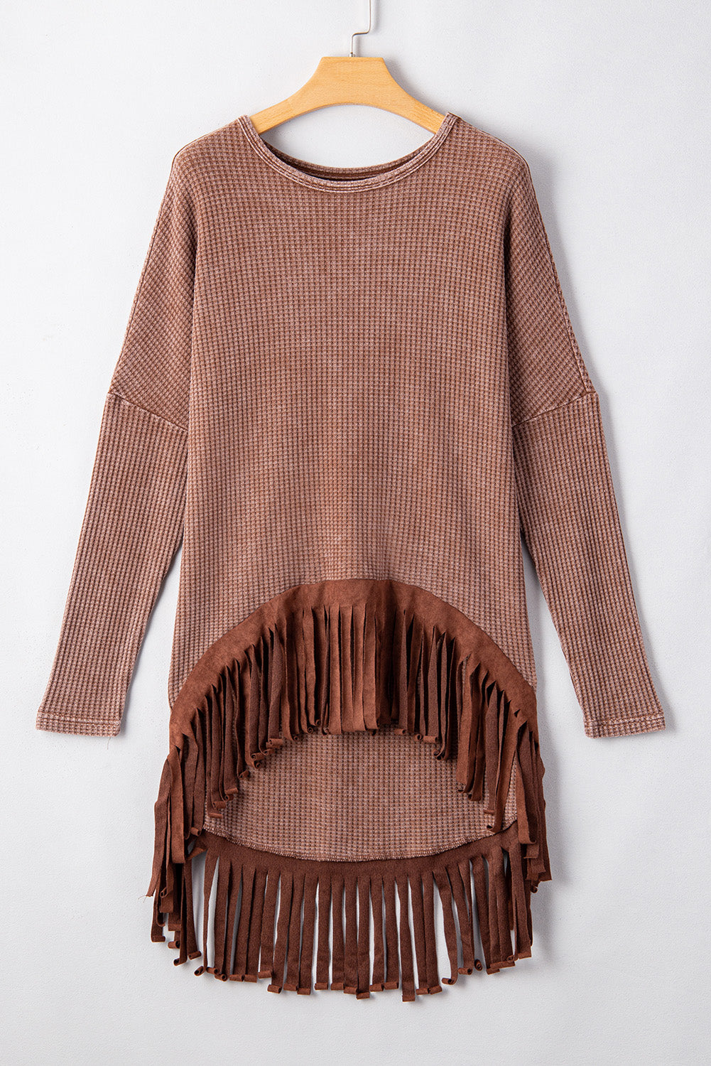 Coffee Waffle Knit Fringed High Low Loose Top-Chaelisa's New Jammies