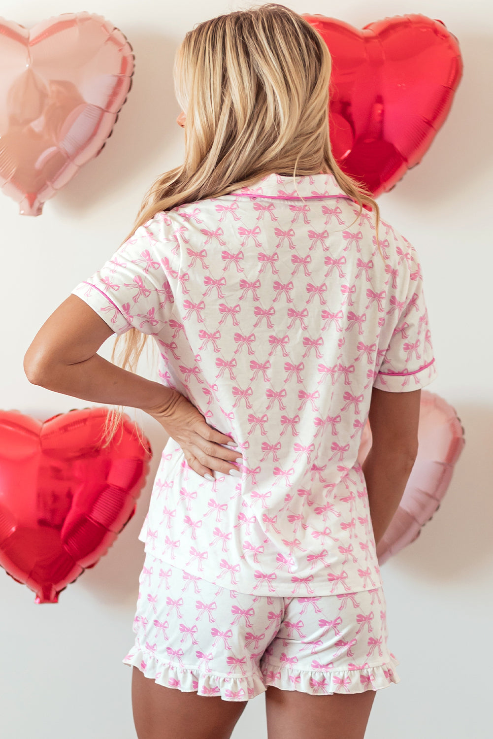 Pink Bowknot Printed Short Sleeve and Ruffled Shorts Valentines Pajama Set-Chaelisa's New Jammies