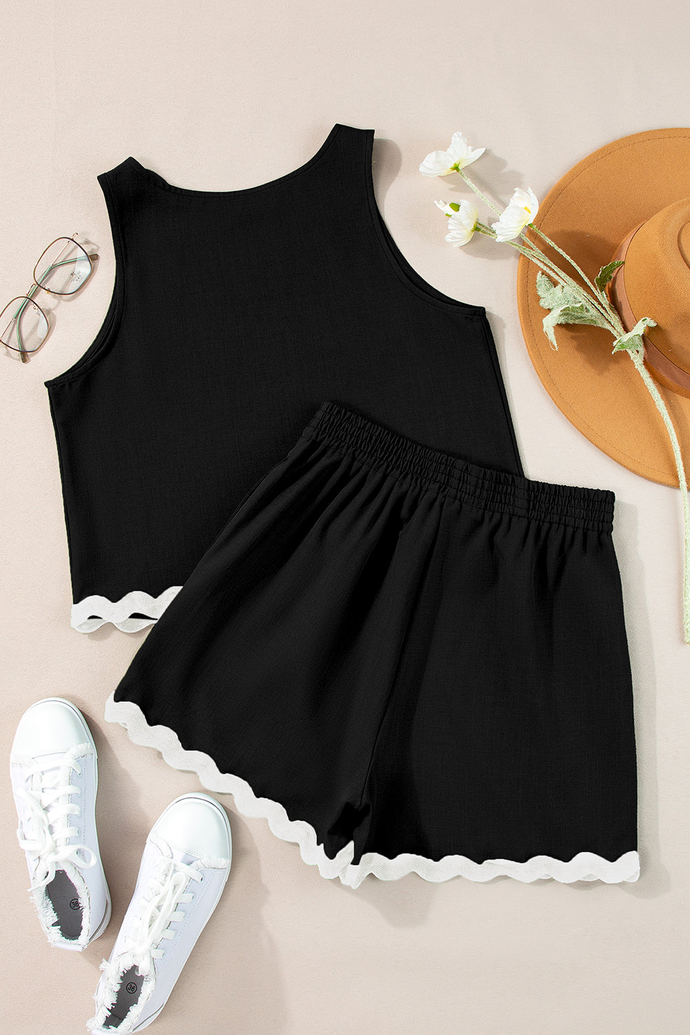Black Ricrac Trim Tank Top Elastic Waist Shorts Set-Chaelisa's New Jammies