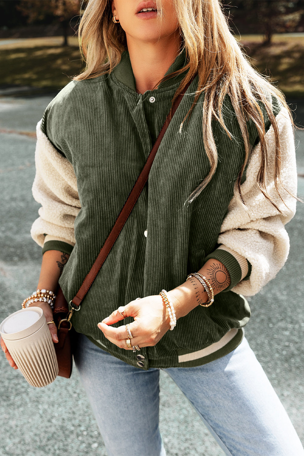 Mist Green Corduroy Fleece Patchwork Buttoned Bomber Jacket-Chaelisa's New Jammies
