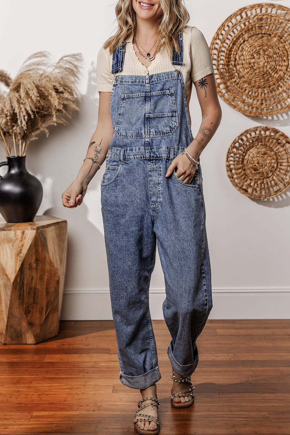 Sail Blue Denim Bib Straight Leg Jumpsuit with Pockets-Chaelisa's New Jammies