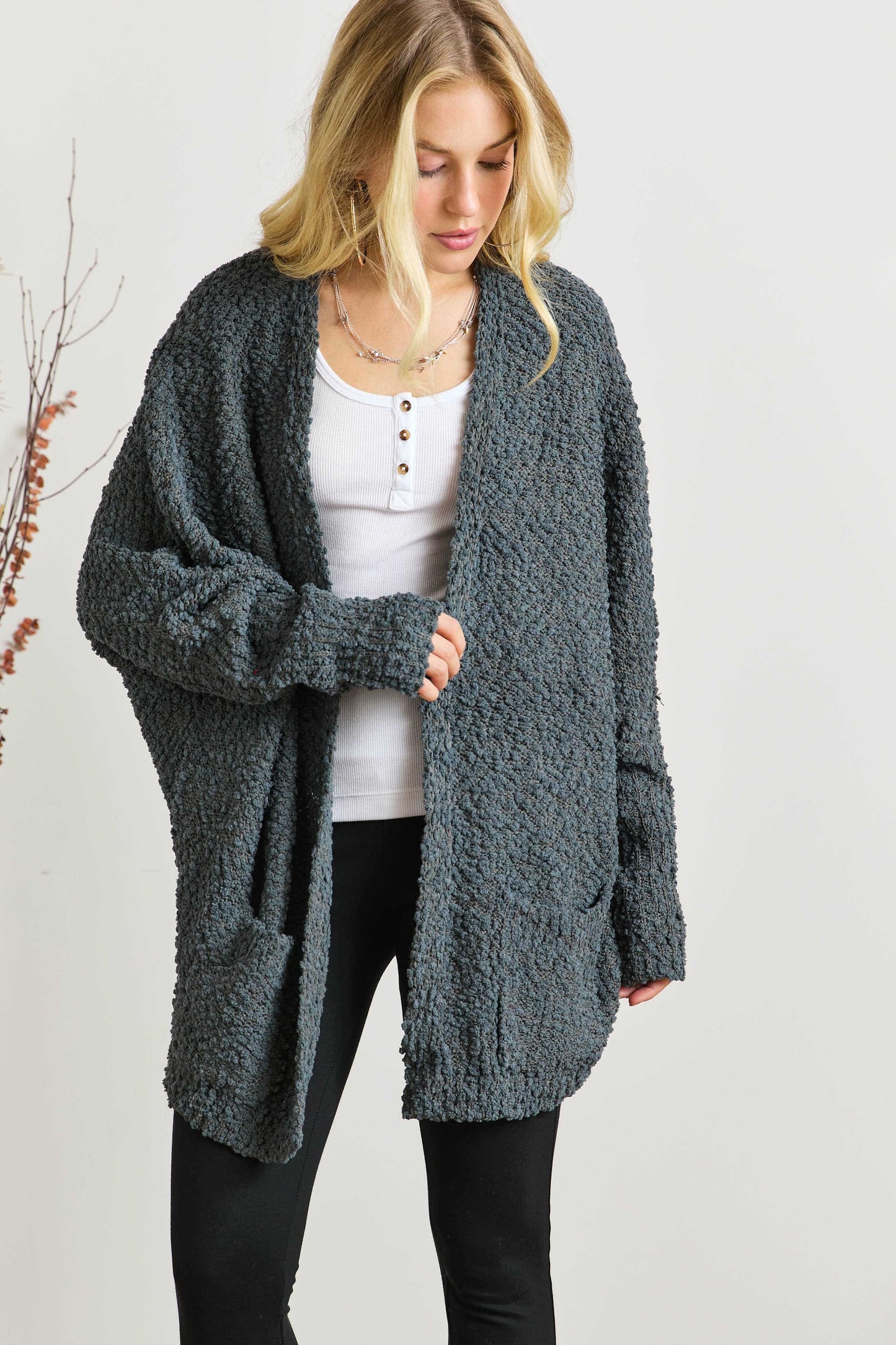 ADORA Popcorn Knit Open Front Long Sleeve Cardigan-Chaelisa's New Jammies