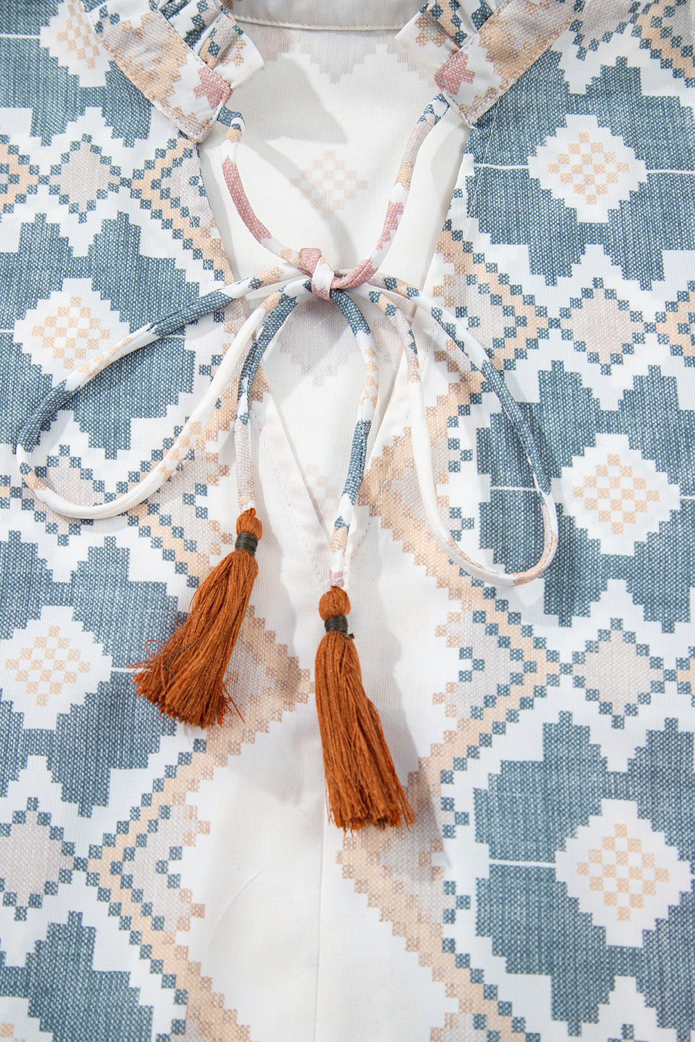 Khaki Geometric Print Tassel Tie Split Neck Balloon Sleeve Blouse-Chaelisa's New Jammies