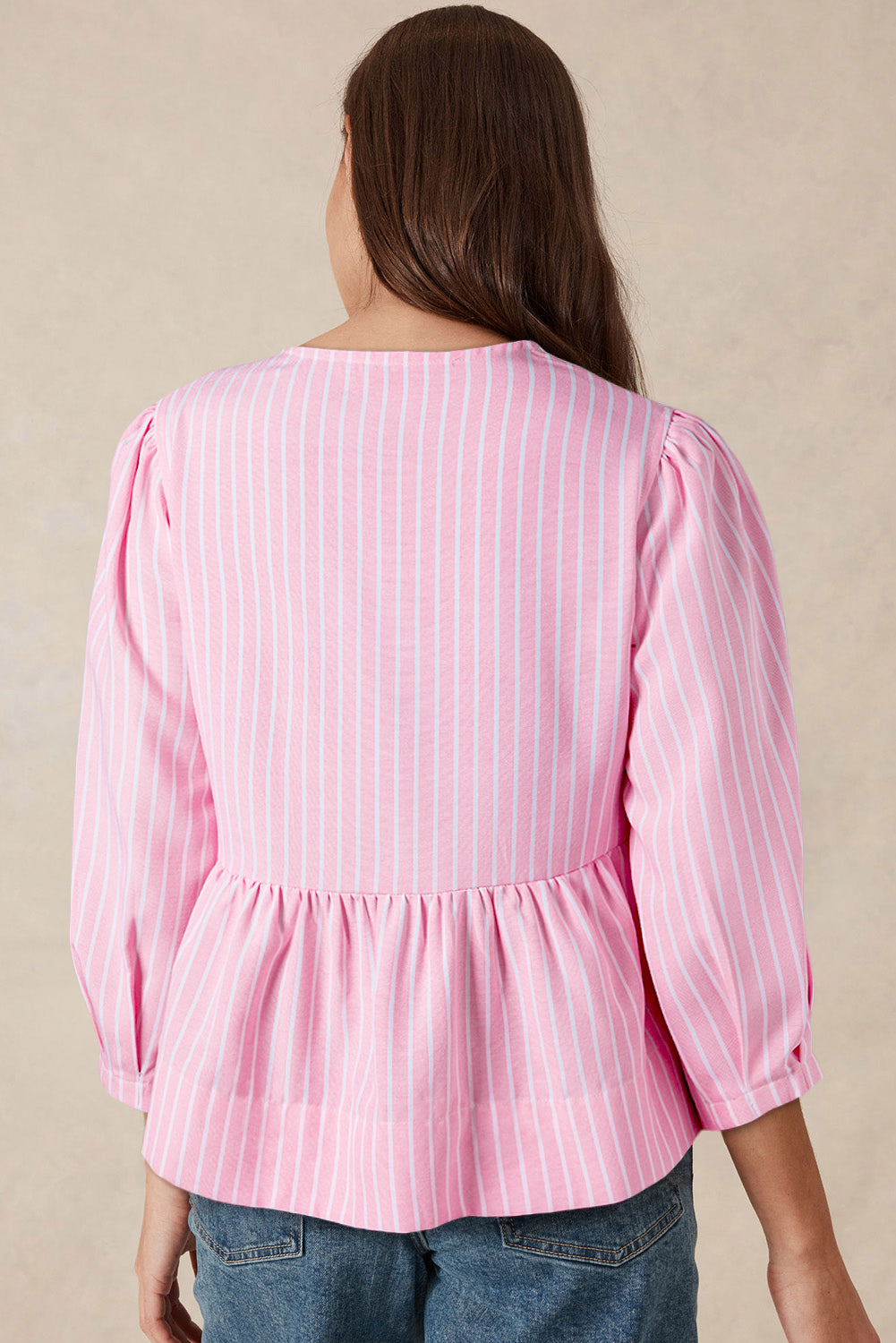 Pink Stripe Bowknot Front Crew Neck Puff Sleeve Blouse-Chaelisa's New Jammies