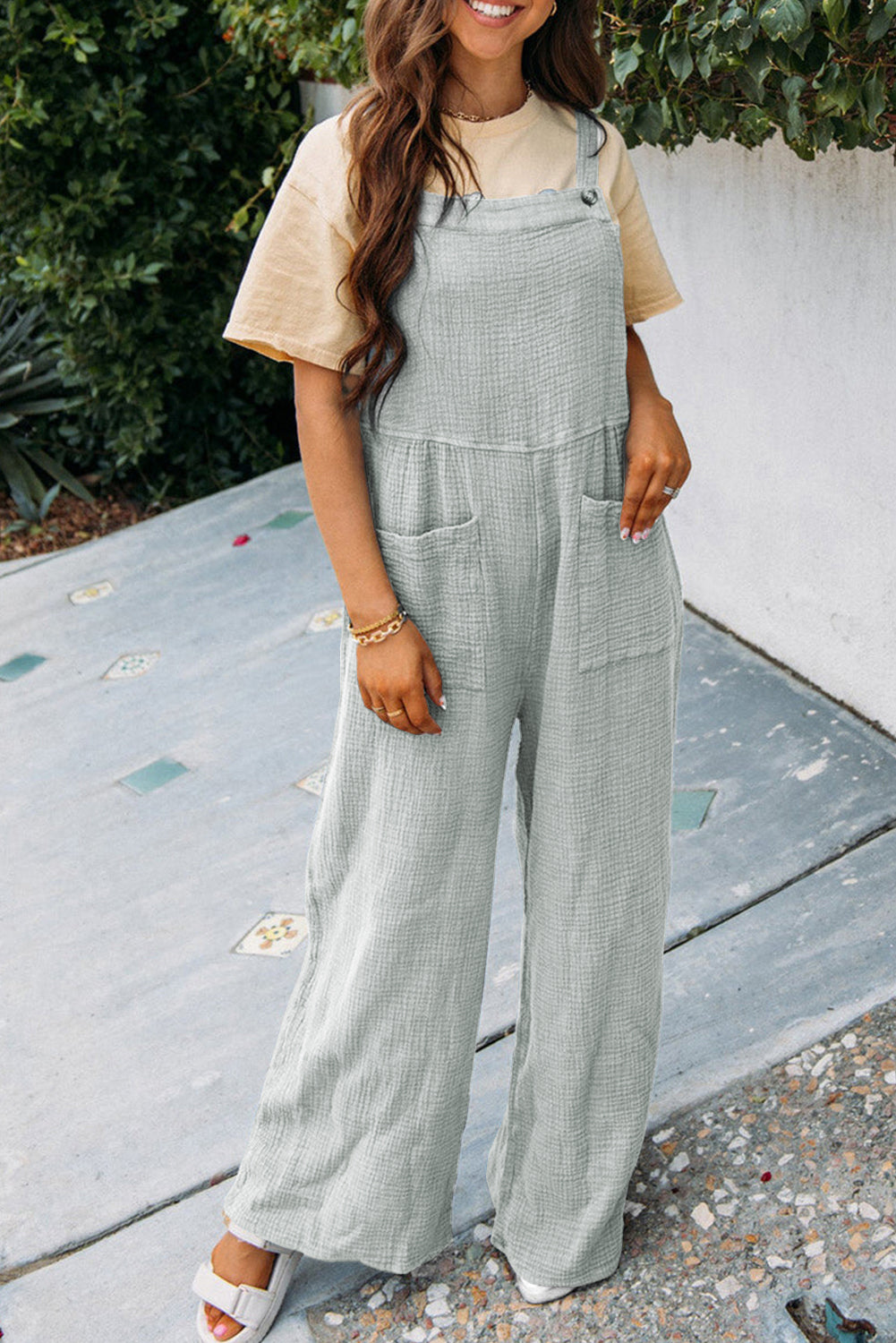 Gray Textured Wide Leg Overall with Pockets-Chaelisa's New Jammies