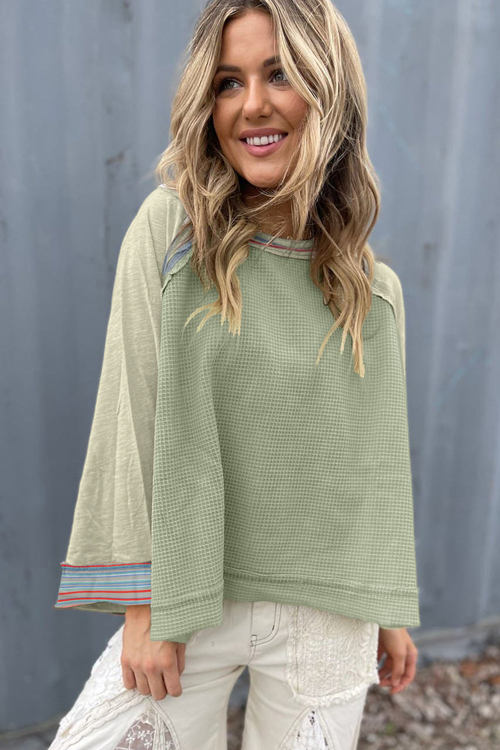 Meadow Mist Green Waffle Knit Wide Bracelet Sleeve Patchwork Raglan Top-Chaelisa's New Jammies