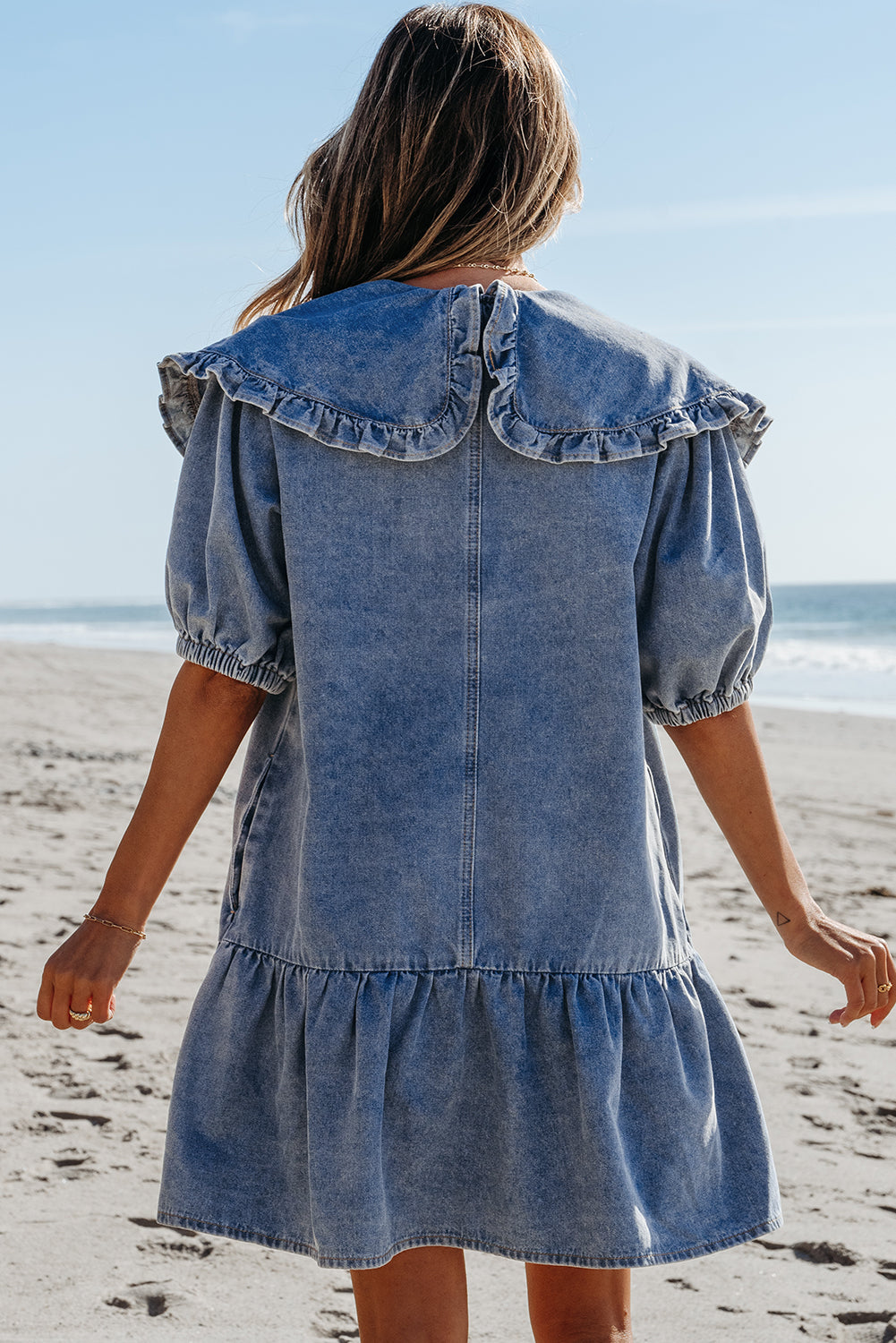 Dusk Blue Ruffled Collared Side Pockets Puff Sleeve Denim Mini Dress-Chaelisa's New Jammies