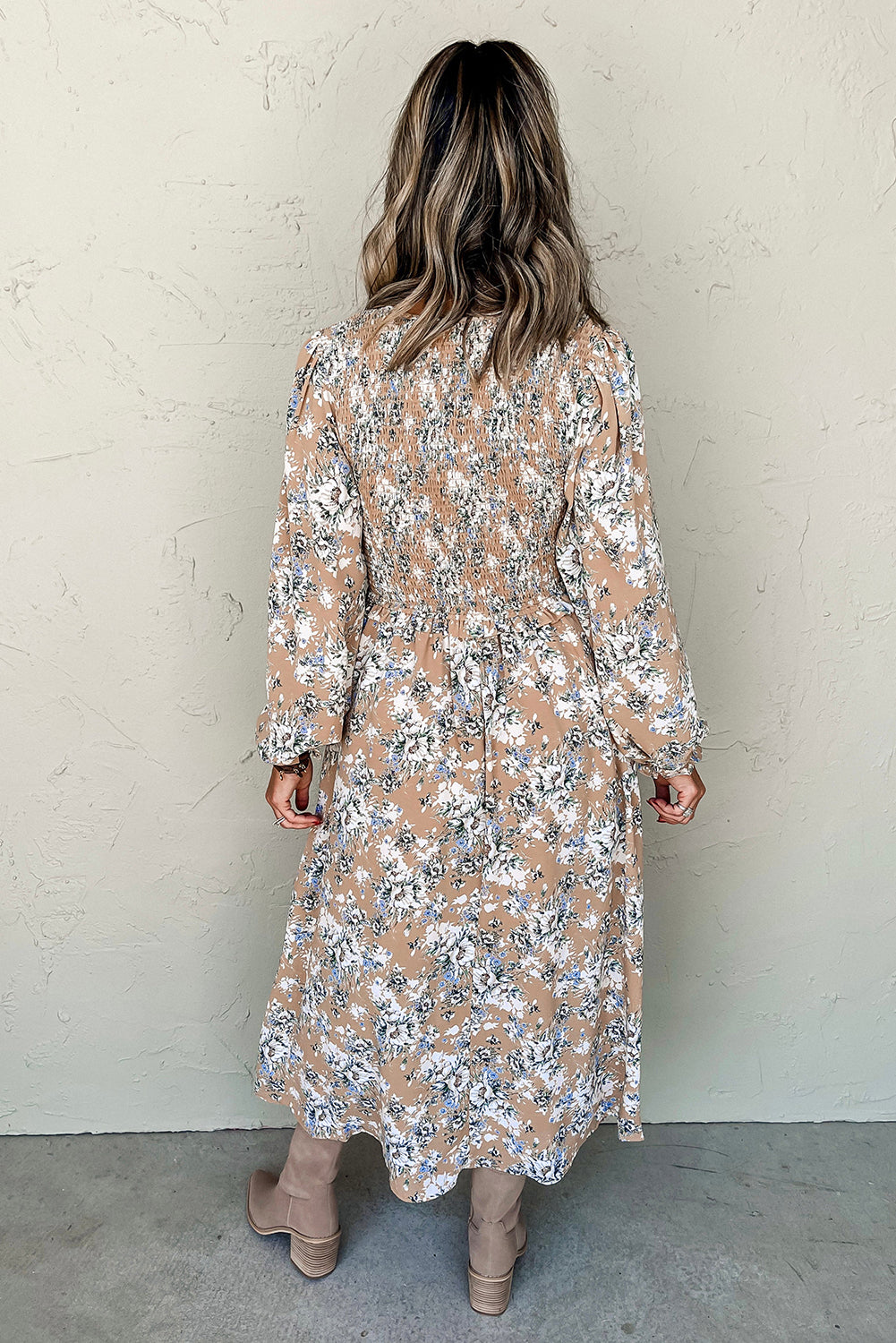 Khaki Maple Grove Floral Smocked Puff Sleeve Long Dress-Chaelisa's New Jammies