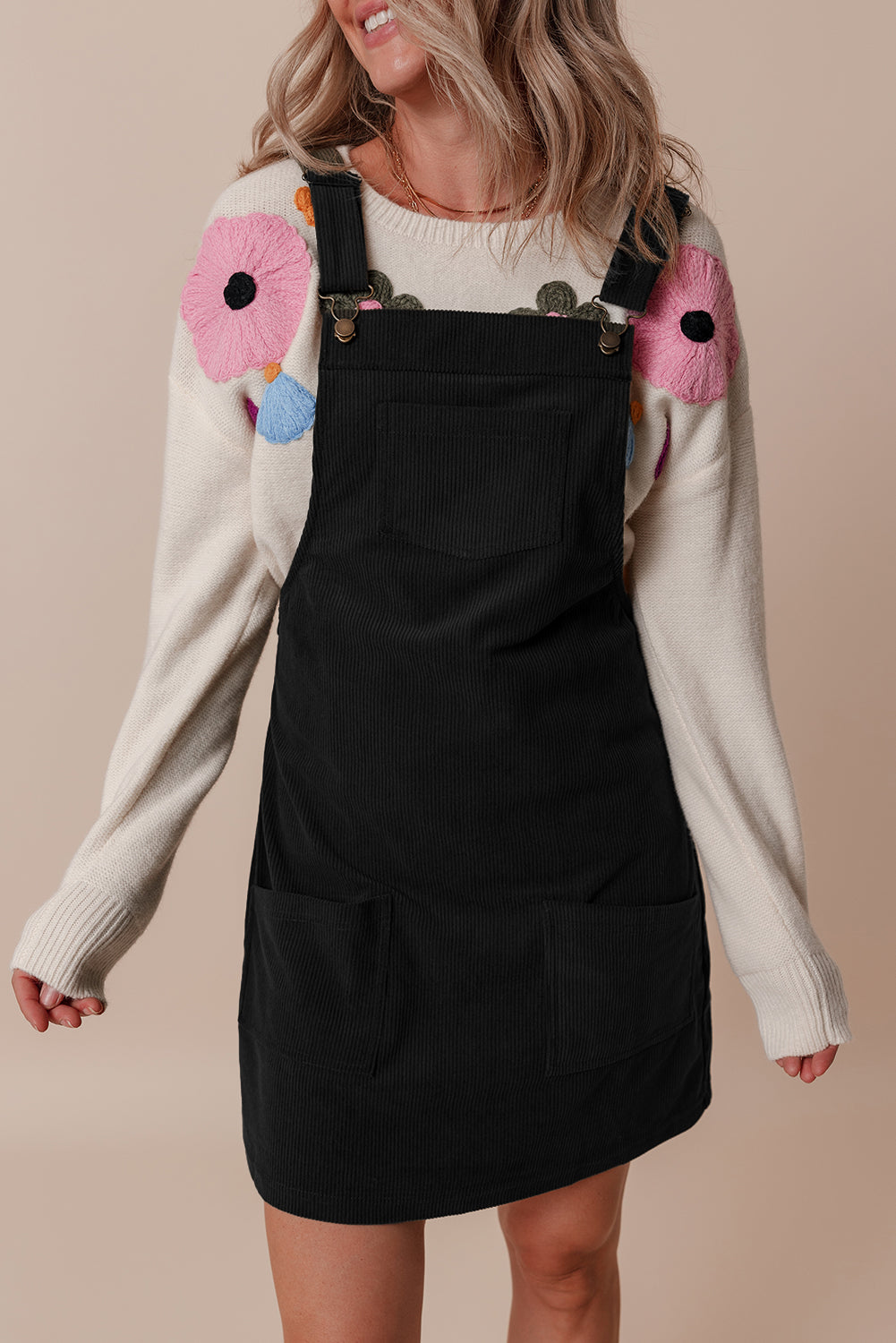 Black Solid Front Pockets Sleeveless Corduroy Overall Dress-Chaelisa's New Jammies