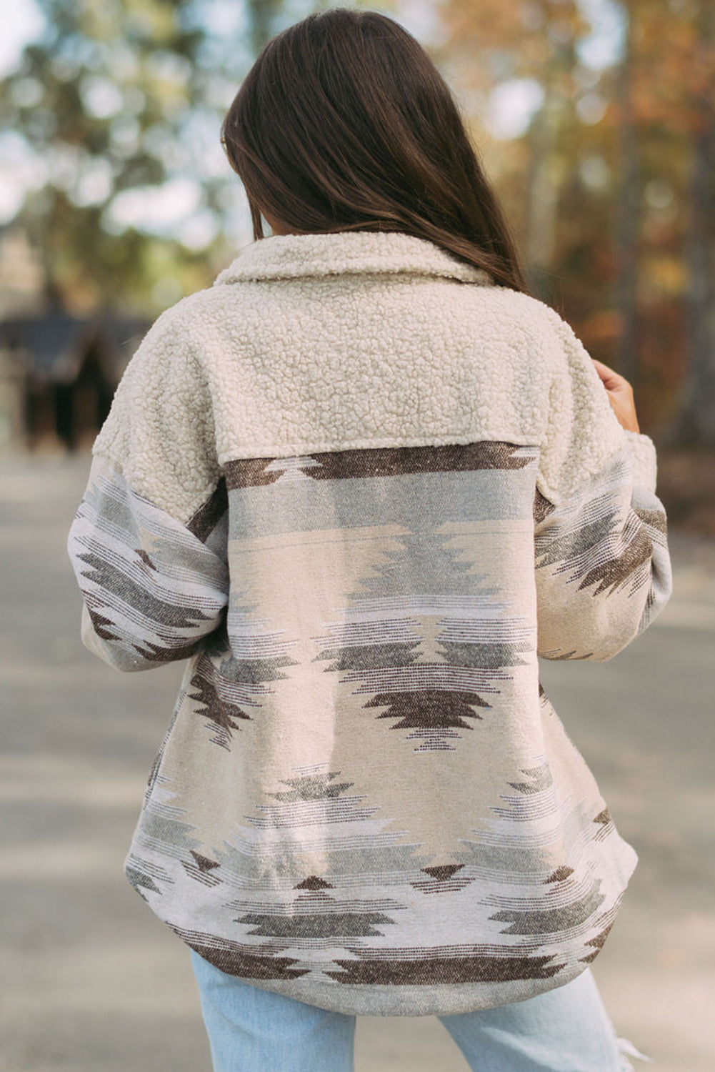 Khaki Western Aztec Print Sherpa Splicing Buttoned Flap Pocket Coat-Chaelisa's New Jammies
