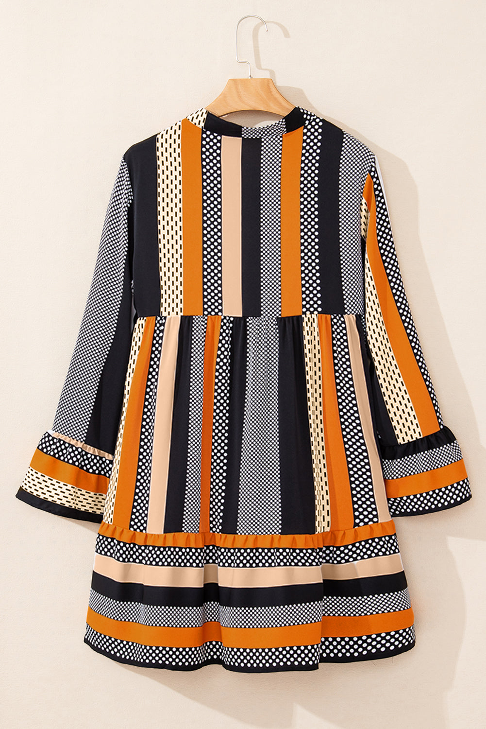 Black Striped Polka Dot Print Ruffled Hem V Neck Mini Dress-Chaelisa's New Jammies
