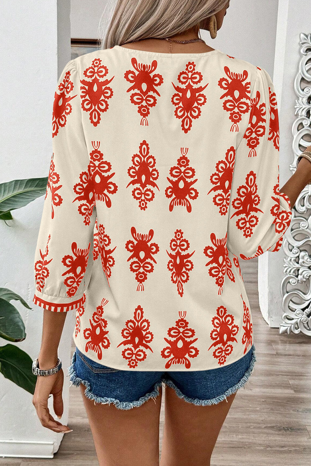 Orange Vintage Geometric Printed 3/4 Sleeve V Neck Blouse-Chaelisa's New Jammies