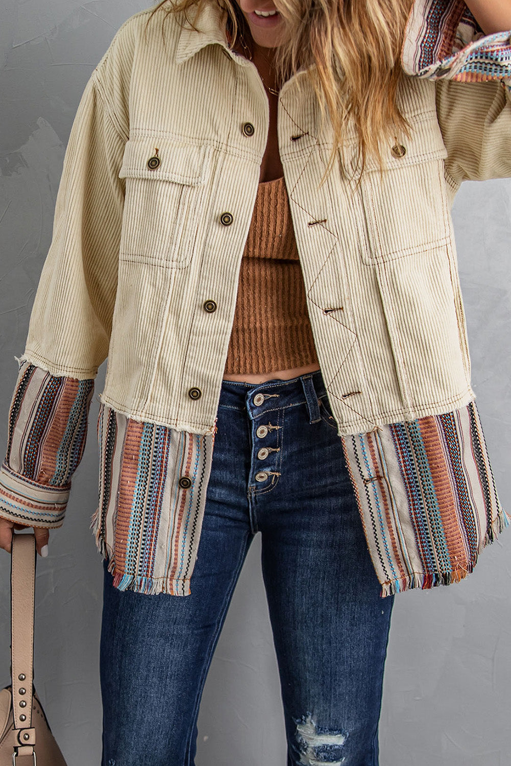 Button Up Pockets Striped Color Block Corduroy Jacket-Chaelisa's New Jammies