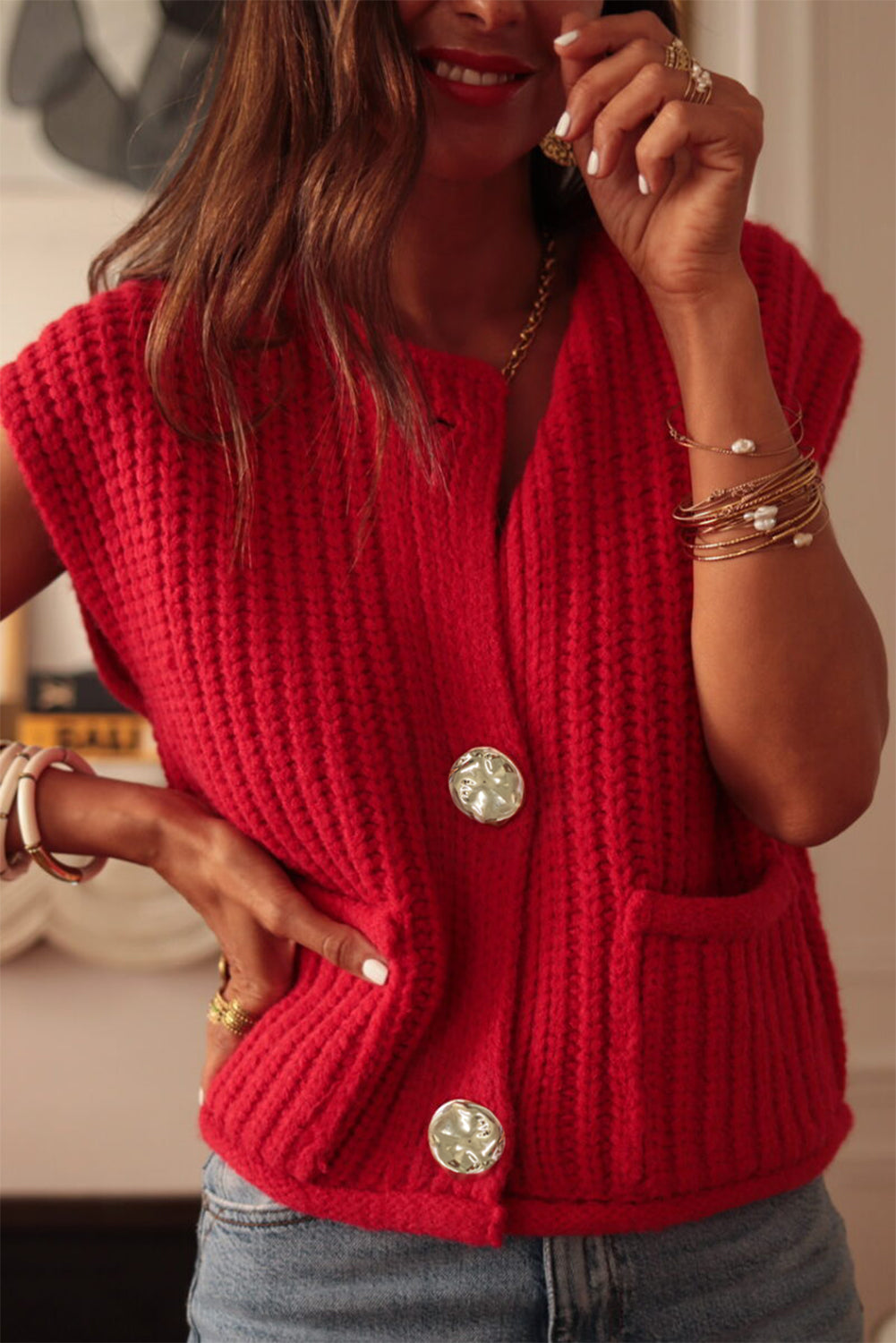 Fiery Red Solid Textured Knit Side Pockets Buttoned Sweater Vest-Chaelisa's New Jammies