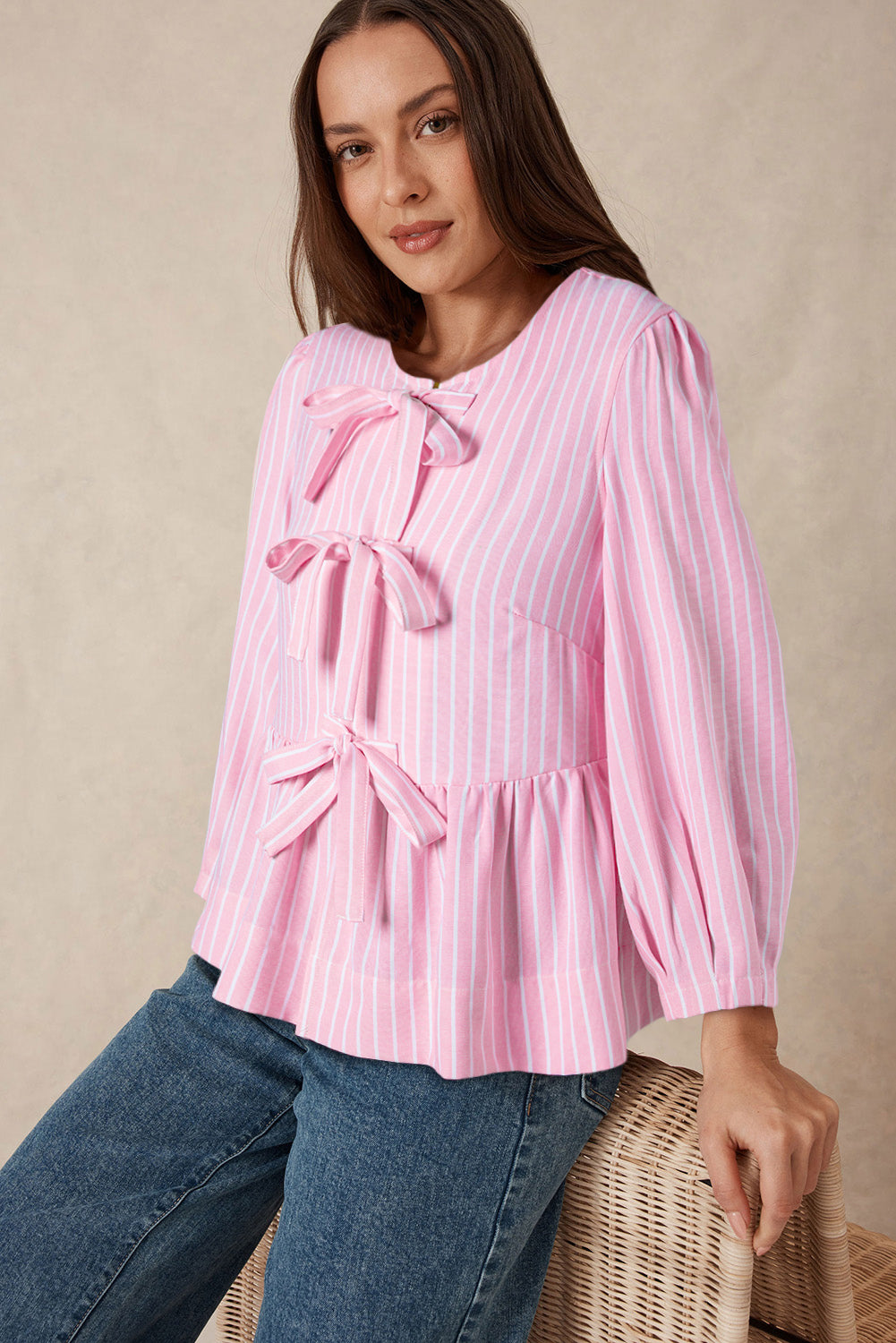 Pink Stripe Bowknot Front Crew Neck Puff Sleeve Blouse-Chaelisa's New Jammies