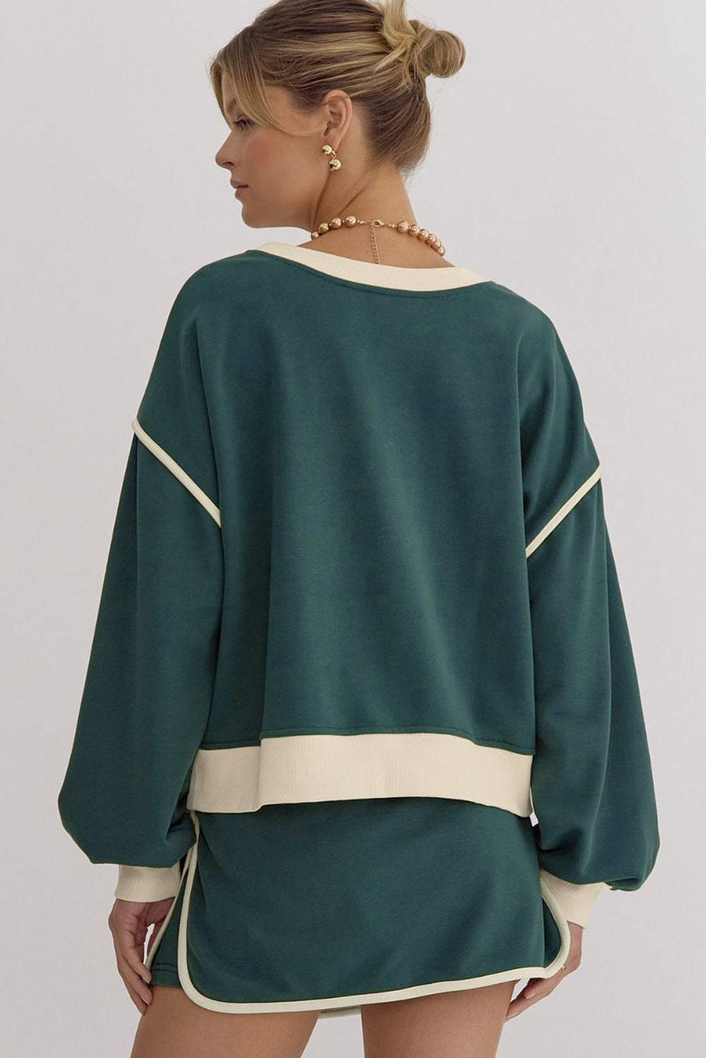Evergreen Color Contrast Loose Pullover and Lace-up Waist Skort Set-Chaelisa's New Jammies
