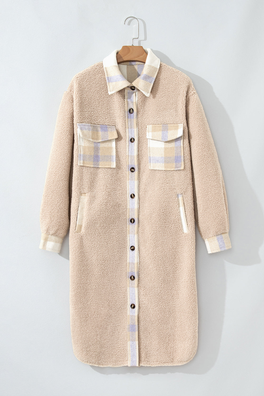 Smoke Gray Plaid Patchwork Collared Button-up Sherpa Long Coat-Chaelisa's New Jammies