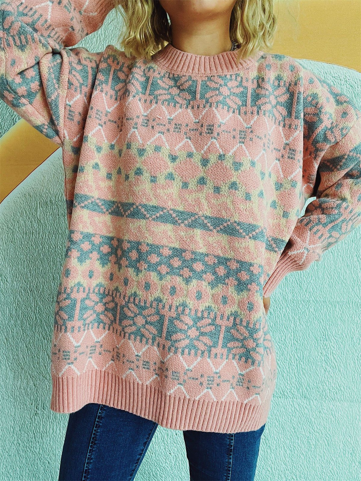 Geometric Round Neck Dropped Shoulder Sweater-Chaelisa's New Jammies
