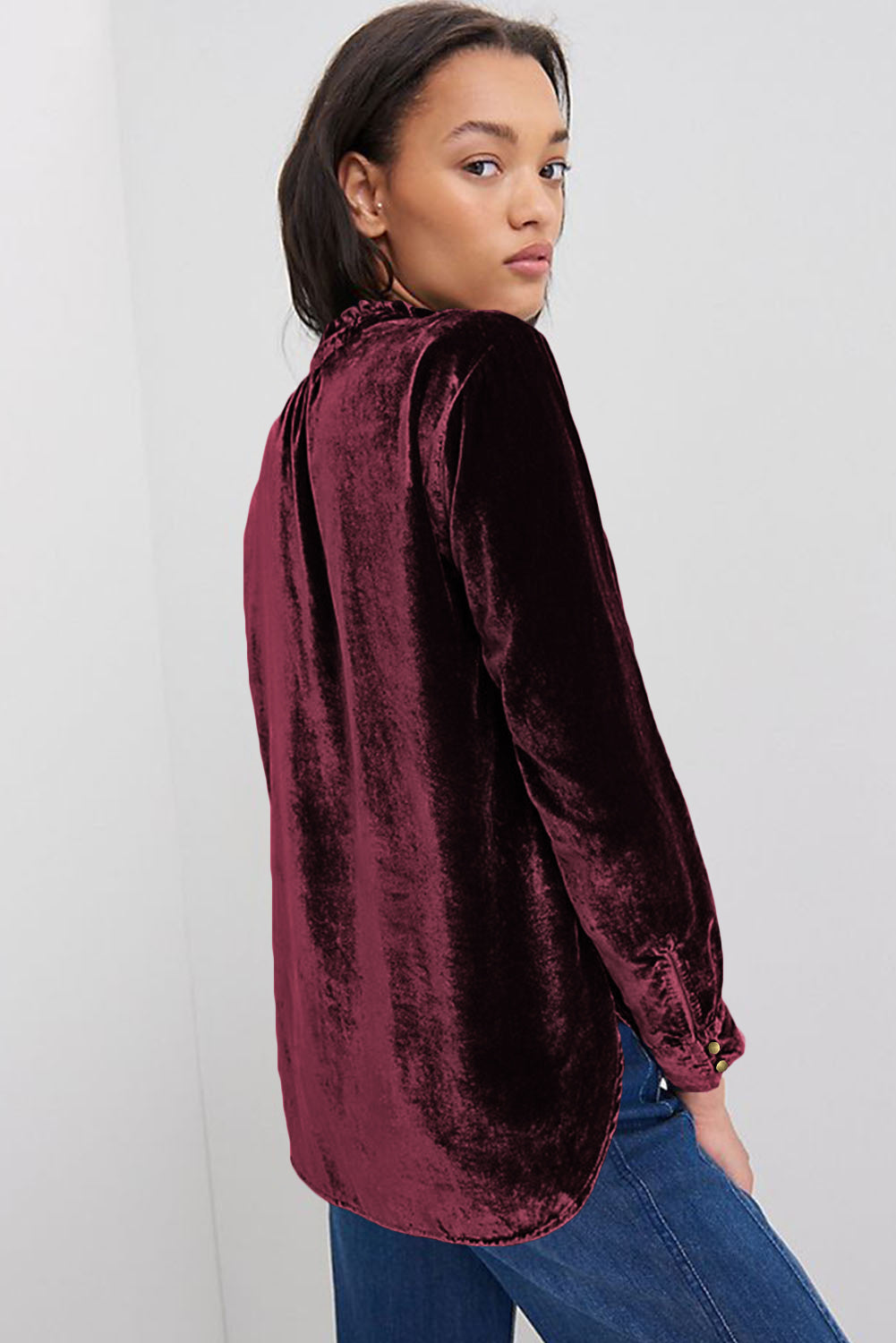 Navy Blue Frilled Buttoned V Neck Velvet Blouse-Chaelisa's New Jammies