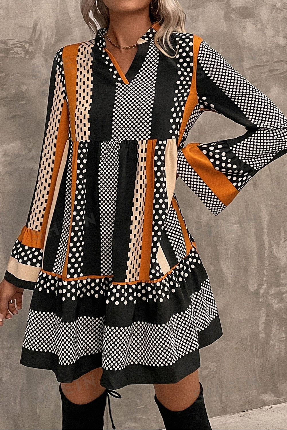 Black Striped Polka Dot Print Ruffled Hem V Neck Mini Dress-Chaelisa's New Jammies