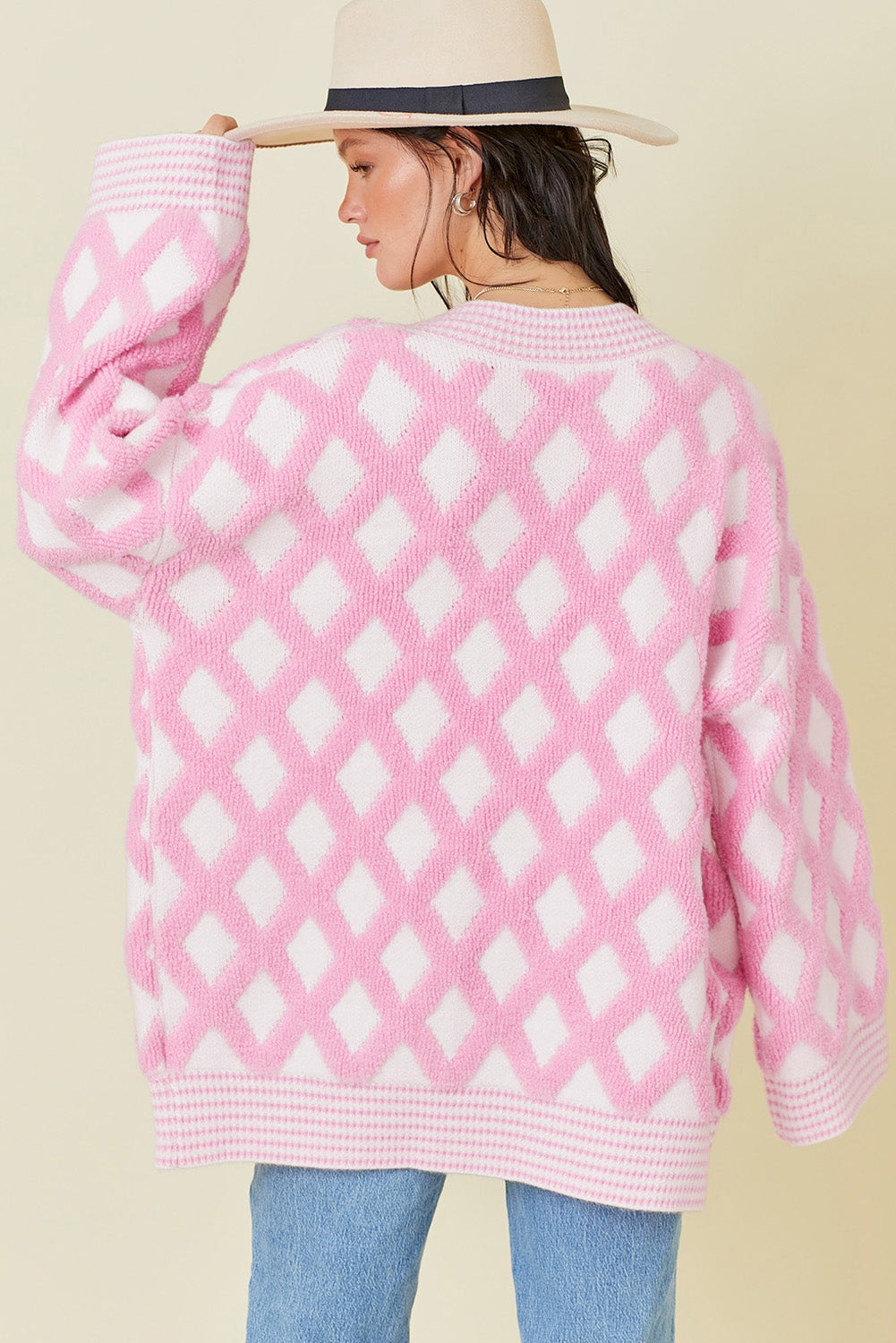 Pink Rhombus Pattern Knit Open Front Pocketed Cardigans-Chaelisa's New Jammies