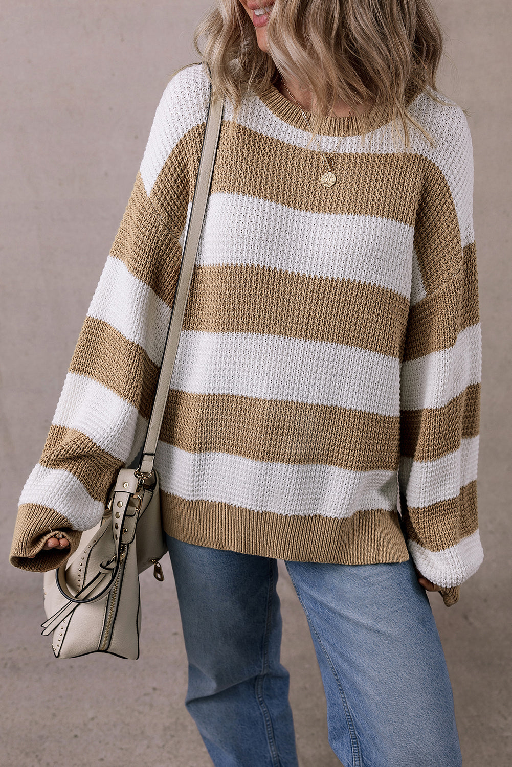 Light French Beige Colorblock Striped Drop Shoulder Side Slit Sweater-Chaelisa's New Jammies