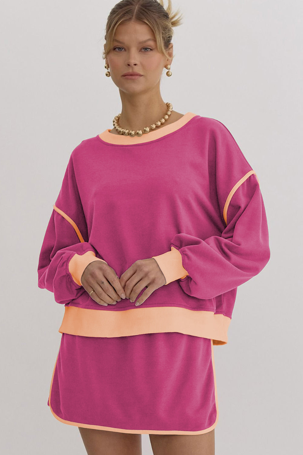 Rose Red Color Contrast Loose Pullover and Lace-up Waist Skort Set-Chaelisa's New Jammies