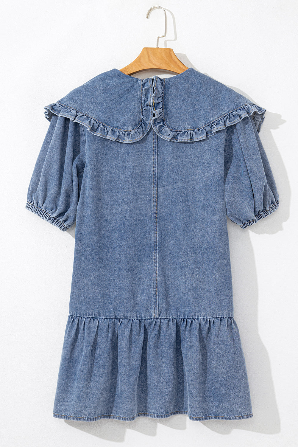 Dusk Blue Ruffled Collared Side Pockets Puff Sleeve Denim Mini Dress-Chaelisa's New Jammies
